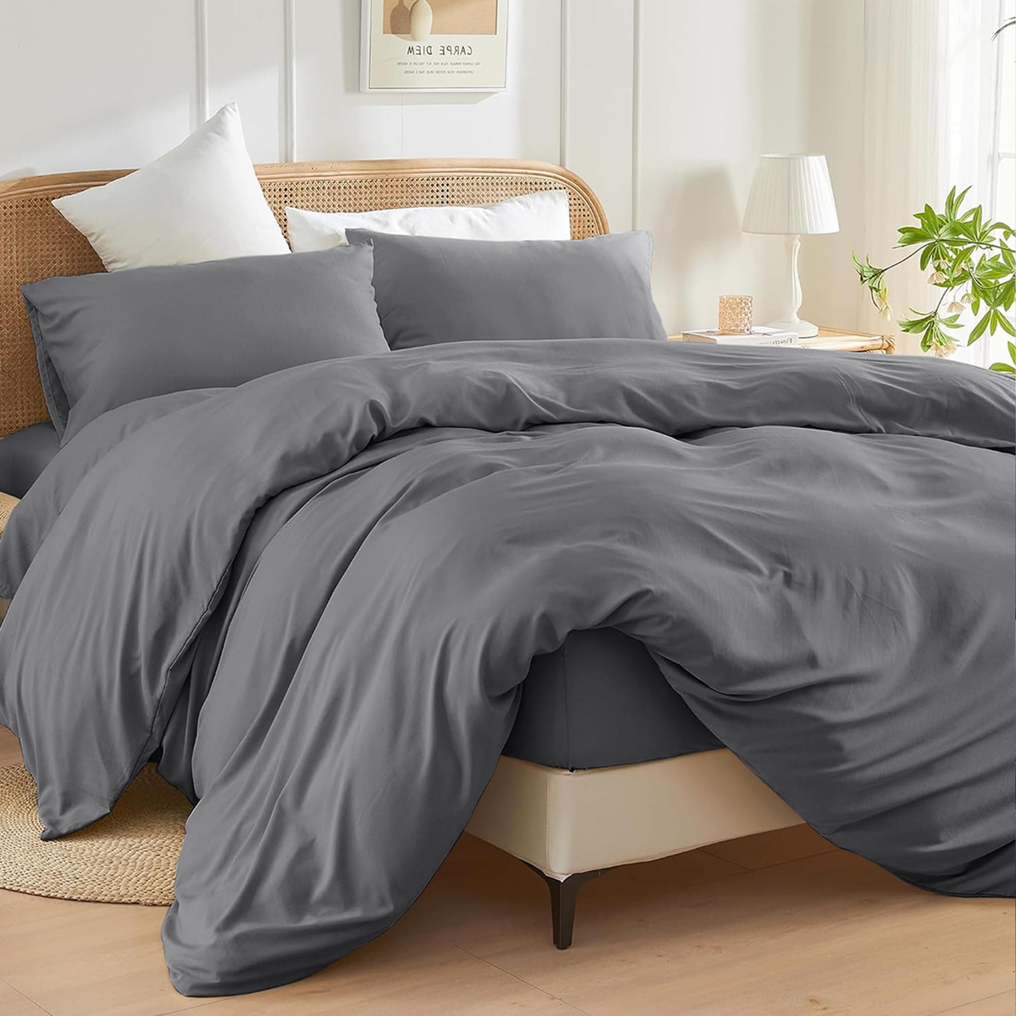 Double Size Duvet Cover Set (Grey) - 3 Pcs Brushed Microfiber Plain Dyed Quilt Cover - Bedding Set with Button Closure Include 1 Duvet Cover & 2 Pillowcases