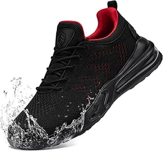 LARNMERN Waterproof Shoes for Men Non Slip Work Sneakers Food Service Zapatos Trabajo Antideslizantes Walking Shoes Water Resistant Slip-on, Black Red 8.5