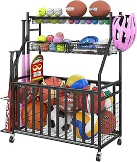 Garage Sports Equipment Organizer,Sports Ball Organizer with Wheels,Basket,Ball Organizer with Baseball Bat Rack and HooksToy Storage Rolling Cart-Black