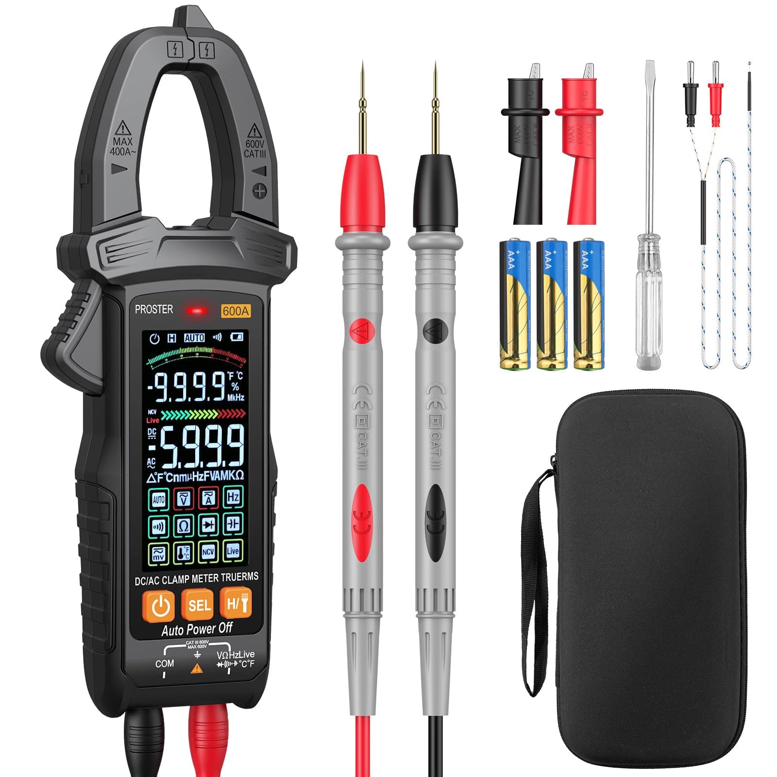 Clamp Meter - TRMS 6000 Counts Amp Clamp with AC/DC Current Voltage Capacitance Resistance Diode Temperature Continuity NCV/Live Clamp Multimeter with Storage Bag Test Leads