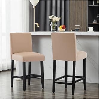 26'' Faux Leather Bar Stools Set of 2, Modern Upholstered Bar Chairs with Back, Soild Wood Legs Barstools for Kitchen Island, Light Brown