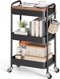 TOOLF 3-Tier Rolling Cart, Metal Utility Cart with Top, Storage Craft Cart with Wheels, Trolley Organizer Serving Cart Easy Assembly for Office, Bathroom, Kitchen, Kids' Room, Classroom, Black