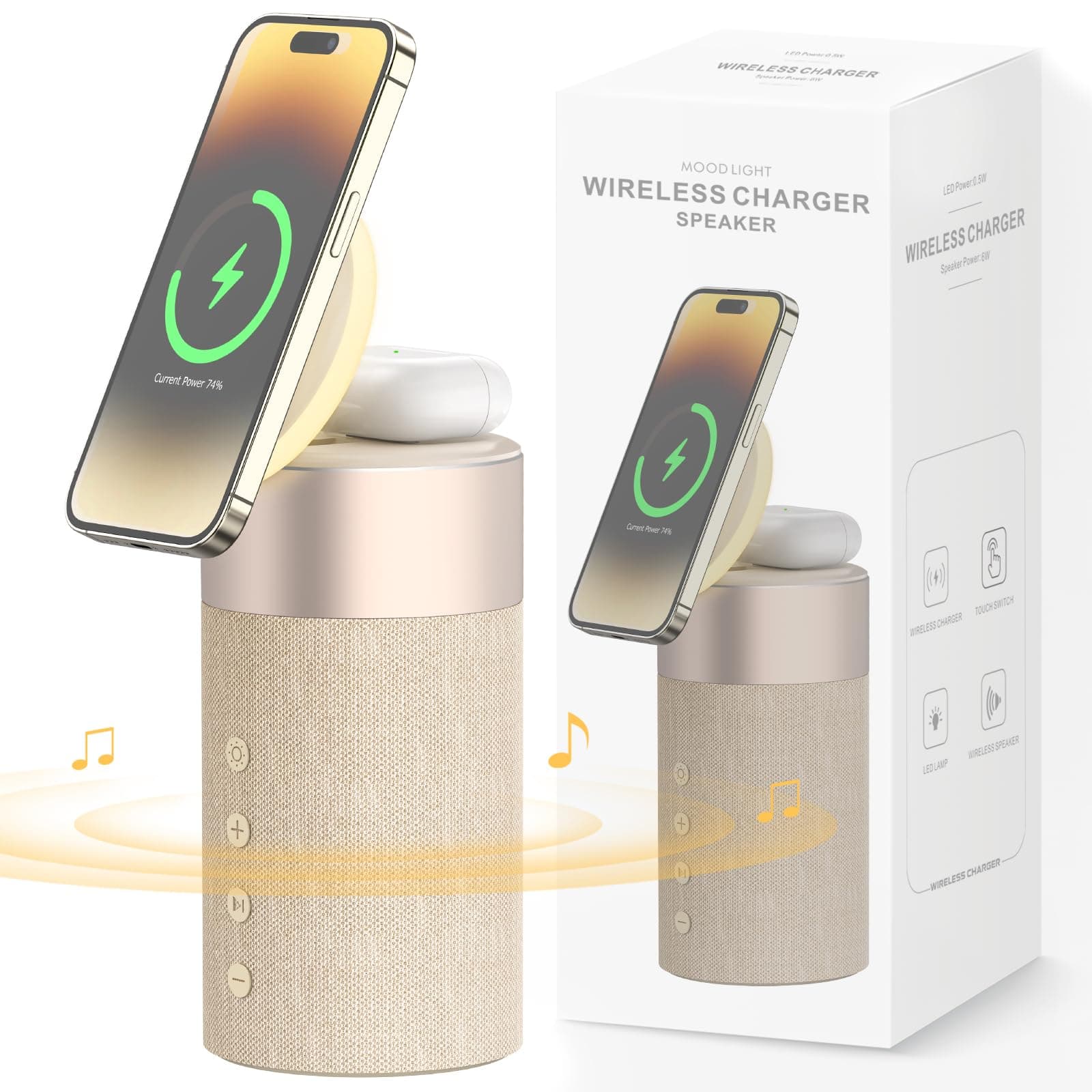 Bluetooth Speaker, Magnetic Wireless Charger, Bluetooth Speakers with Night Light, 2 in 1 Wireless Charging Station for iPhone 17/16/15/14/13/12 Series, AirPods Pro 2/4/3/2（Gift Ideal）(Yellow)