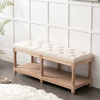 Bonzy Home Tufted Extra-Long Entryway Bench with Shoe Storage, 45” French Vintage Bedroom Benches Upholstered Dining Benches, Fabric End of Bed Bench for Bedroom Dining Room Living Room, Beige
