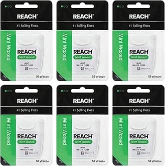 REACH Waxed Dental Floss, Mint, Plaque Remover for Teeth, Shred Resistant, Floss Slides Smoothly, Easy to Use, Waxed, Deep Cleaning Teeth, Oral Care, PFAS Free, for Adults & Kids, 6 Pack, 55 yd