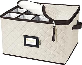 BALEINE China Storage Containers, Sturdy Quilted Wine Glass Storage, Plate Organizer with Carry Handles, Moving Boxes for Dishes, Cups, Mugs and Stemware (Wine Glasses, Soft Shell Cream)