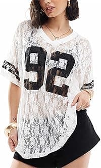 Oversized Jersey Shirts for Women Y2k Number Graphic Print V Neck Short Sleeve Aesthetic Summer T-Shirt Streetwear