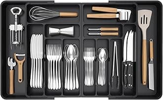 Silverware Drawer Organizer, Expandable BPA Free Plastic Utensil Tray for Kitchen, Adjustable Flatware Cutlery Holder for Spoons Forks Knives, 21.3- 36 x 16.9", Black