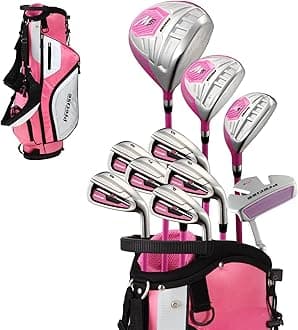 Precise M5 Womens Golf Clubs Full Set, Titanium Driver, S.S. Fairway, S.S. Hybrid, S.S. 5-PW Irons, Putter, Stand Bag, 3 H/C's, Golf Clubs Women Right Handed, Pink