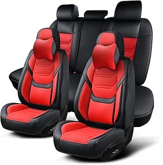 Car Seat Covers Full Set, Breathable Leather Automotive Front and Rear Seat Covers & Headrest for Reduce The Driving Fatigue, Compatible with Most Vehicles, Cars (Black&Red, Front Pair and Rear)