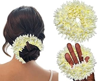 (2 Pcs) Scented Mogra Gajra Hair Accessories For Women & Girls - Hair Flower Bun Artificial Fake Gajra Scrunchies Rubber Band - Premium & Voluminous, White
