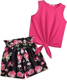 Arshiner Girl's 2 Piece Outfits Tie Knot Tank Top and Paperbag Waist Pocketed Summer Short Sets
