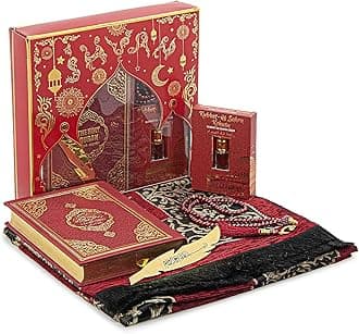 ihvan online Prayer Gift Set for Hajj and Umrah, Muslim Prayer Rug, Prayer Mat, Beads Taasbih, Holy Quran Translated English, Muslim Praying Mat, Islamic Gift Set for Ramadan & Eid, Red