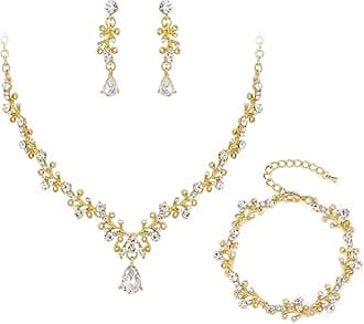 BriLove Bridal Jewelry Set for Women,Shiny Rhinestone Teardrop Leaf Cluster Statement Necklace Dangle Drop Earrings Link Bracelet for Wedding Party Prom Accessories