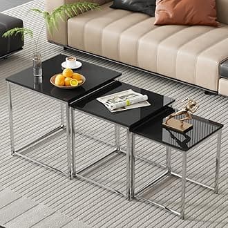 Set of 3 Nesting Coffee Tables Black for Living Room, High Gloss Nest of 3 Nested Tables Sofa Side Table Coffee Table End Tables Space Saving