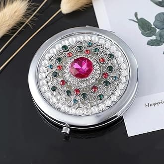 Pocket Mirror for Women 1x/2x Compact Mirror for Purses Hand Made Small Round Mirror Mini Mirror Girl's Travel Makeup Mirror (Pink Stone)