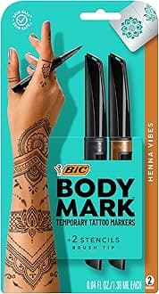 BIC BodyMark Temporary Tattoo Markers for Skin, Henna Vibes, Flexible Brush Tip, 2-Count Pack of Assorted Colors, Skin-Safe*, Cosmetic Quality