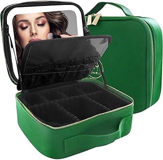 MOMIRA Makeup Bag with Mirror and Light Travel Makeup Train Case Cosmetic Bag Organizer Portable Artist Storage Bag with Adjustable Dividers Makeup Brushes Storage Organizer Emerald green