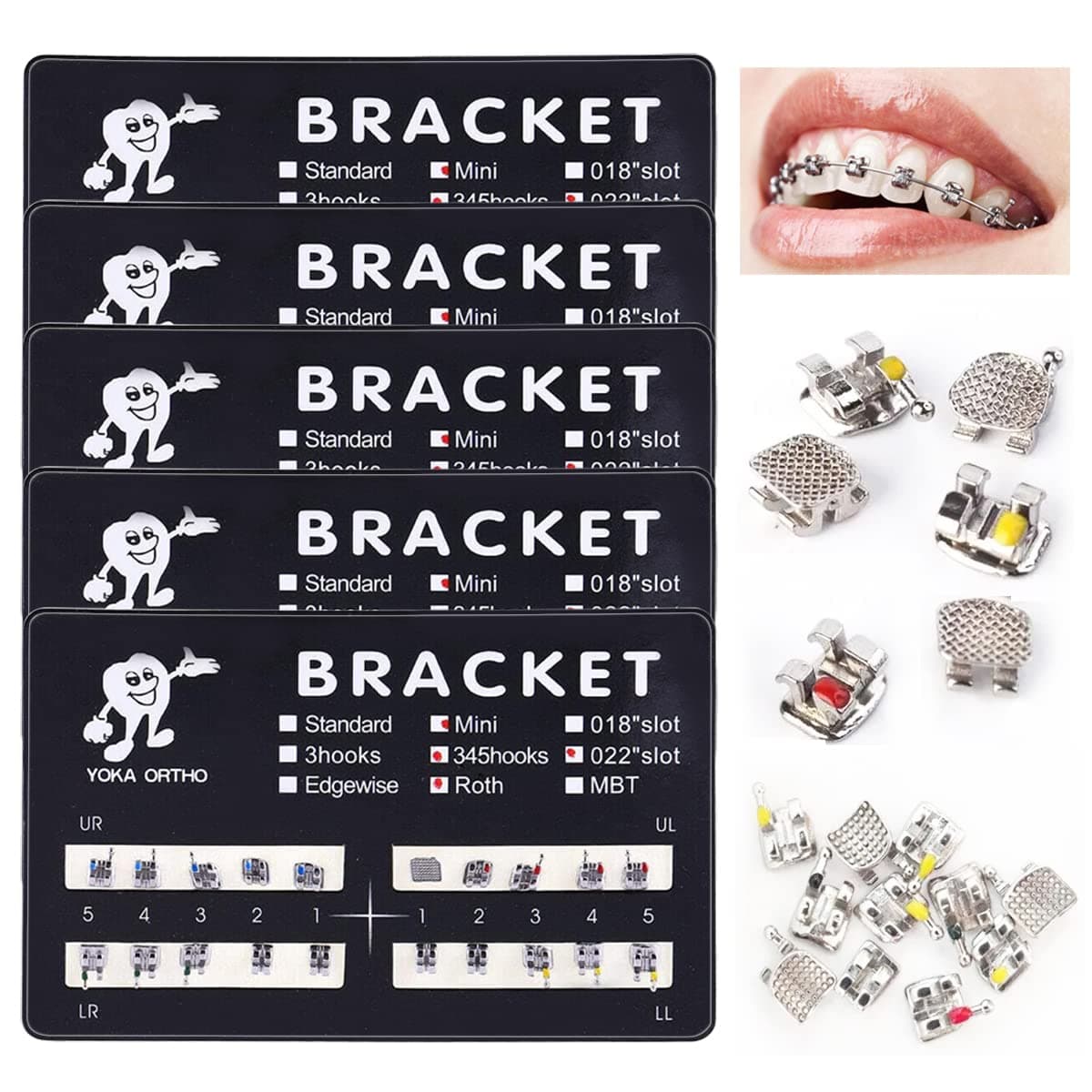 VEZE Dental Brackets, 5 Sets 100 Pcs Mini Roth 022 Slot 345 Hooks, Bondable, MBT Compatible, Unisex, Indoor Use, Dental Health Theme, Wall Mount, Frameless, Stainless Steel, 9 Grams