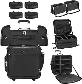 RelavelRolling Makeup Case Professional Makeup Train Case Makeup Artist Travel Organizer 5 in 1 with Detachable Cosmetic Case and Dual Makeup Brush Case and Wheels (Black, 4-Pack), Black+Bags