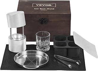 VEVOR Ice Ball Press Kit, Aircraft Al Alloy Ice Press with Ice Block Mold, Large Mat, Tong, Drip Tray, One Glass, Round Ice Ball Maker 2.4"/60 mm Ice Sphere, for Whiskey, Cocktail on Party & Holiday