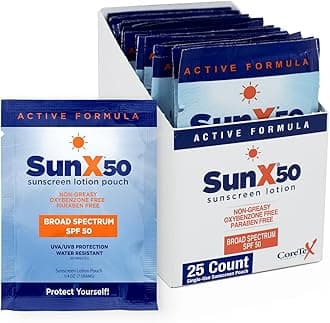 CoreTex Sun X 50 SPF Broad Spectrum Sunscreen Packets - Pack of 25 Paraben, Oxybenzone, Octinoxate, & Oil Free Sunscreen - No White Cast and Water Resistant Up to 80 Minutes