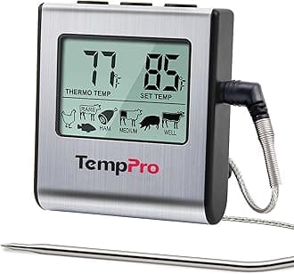 ThermoPro TP-16 Large LCD Digital Cooking Kitchen Thermometer for Food, BBQ, Grill, Meat, Oven, Smoker with Stainless Steel Step-Down Probe and Built in Clock Timer