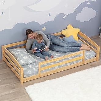 Ocodile Twin Floor Bed with Safety Guardrails for Kids, Montessori Inspired with Rails and 2 Openings, Twin Size Bed Frame for Girls and Boys - Varnished