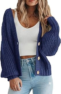 PRETTYGARDEN Women's Chunky Knit Open Front Sweater Long Sleeve Button Loose Short Cardigan Outerwear Coats