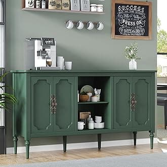 Vintage Buffet Sideboard Cabinet with 4 Doors, 59" Mid Century Modern Storage Cabinet with Shelf, Decorative Accent Credenza TV Stand (Green)