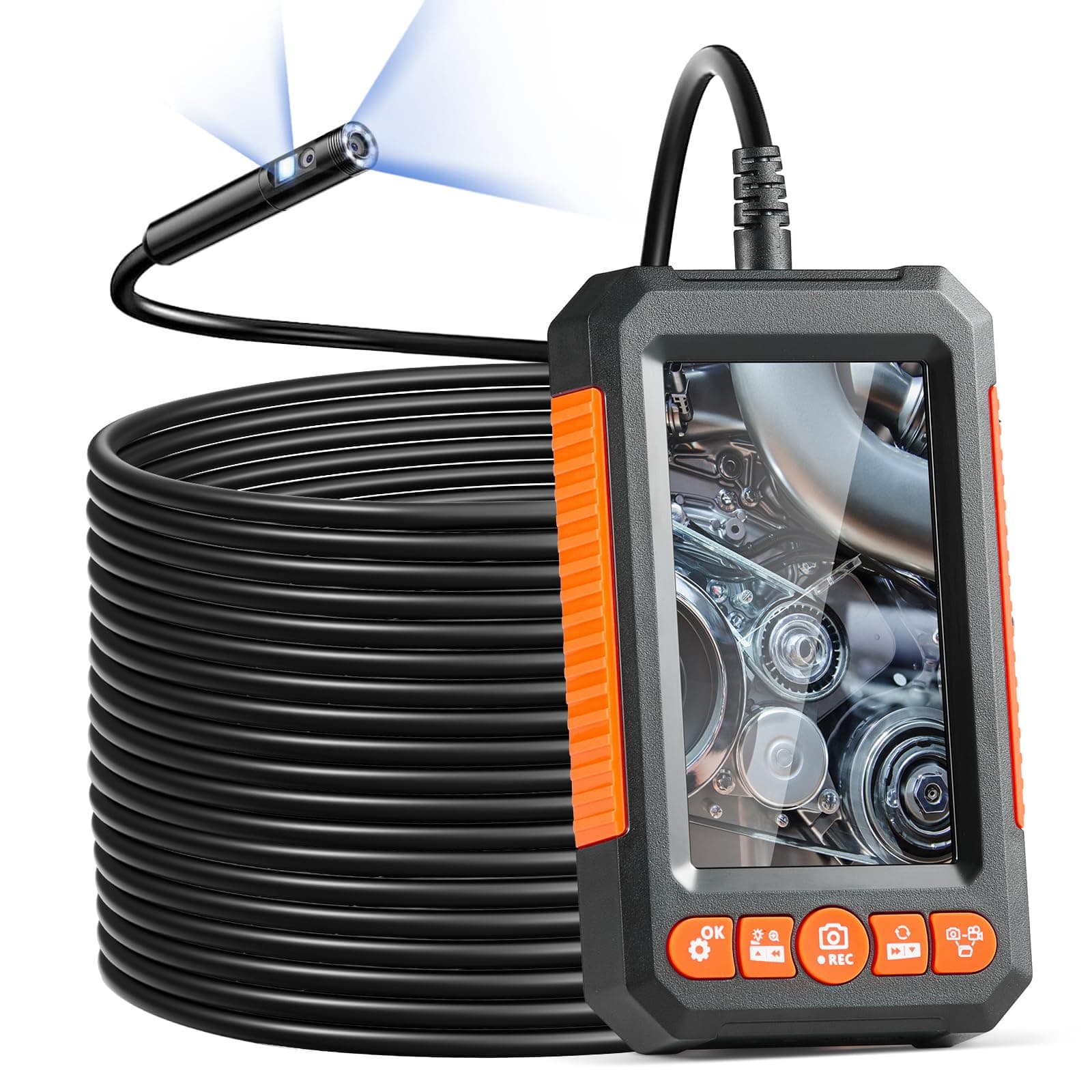 VEVOR Endoscope Camera with Light, Dual Lens Borescope with 49.2FT Semi-Rigid Cable, 4.3" Screen 1080P Inspection Camera, 8 + 1 LED Lights, 4X Zoom, IP67 Waterproof Snake Camera for Auto, Plumbing
