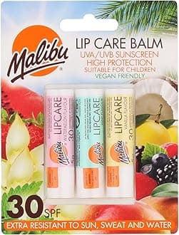 – Malibu Sun SPF 30 Lip Balm Sunscreen, Watermelon, Mint and Vanilla, 3 x 5g,