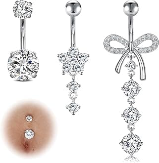 14G Dangle Belly Button Rings - Surgical Steel Silver and Rose Gold CZ Piercing Jewelry for Women