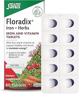 Floradix Iron Tablets - Iron Supplement with B Vitamins, Folic Acid, Vitamin C & More - Energy Support - Vegetarian & Gluten-Free - 80 Tablets (80 Servings)