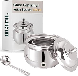 MARU Stainless Steel Ghee Pot With Spoon & Lid, Elegant Ghee Dispenser Container For Kitchen Storage Set, Multipurpose Oil, Sauce, Ghee Storage Container For Kitchen, 350Ml, Silver