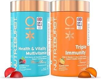 - Nutriburst Daily Immunity Boost Combo: Health & Vitality Multivitamin Gummies + Triple Immunity Gummies with Vitamins, Zinc & Amla Extract | Daily Wellness & Energy | No Added Sugar (Pack of 2X60)
