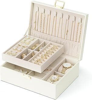 Vlando Teacher Appreciation Gifts,2 Layer Jewelry Box Large Jewelry Organizer for Women Removable Jewelery Tray with Watch Pillow for Necklace Earrings Rings Bracelets(Cream White)
