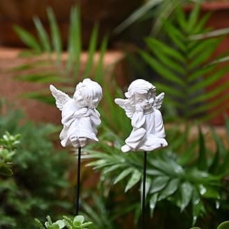 OwMell Set of 2 Decorative Angel Garden Stakes, Small Angel Fairy Garden Angel Ornaments, Cherub Angel Memorial Statue Flower Pot Decorations - Angels