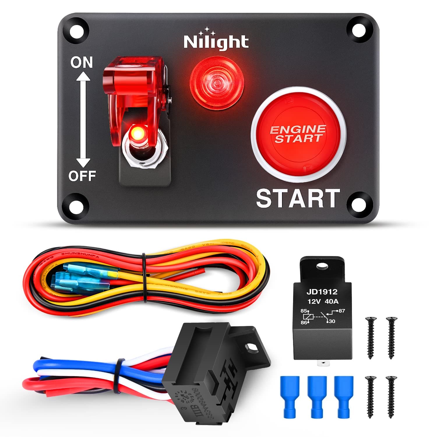 Nilight Ignition Switch Panel 12V 2 in 1 Rocker with Engine Push Button Toggle Switches with Relay Wiring Harness LED for RV Truck Racing Car Boat Marine Trailer