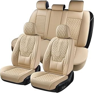 Car Seat Covers Full Set, Nappa Leather Seat Covers for Car, Waterproof Car Seat Protector with Lumbar Support, Automotive Seat Covers Universal Fit for Most Cars SUV Trucks (Beige)