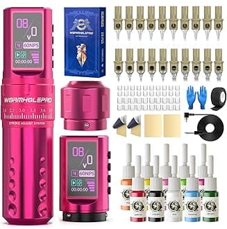 Wormhole Pro 80 Pieces Tattoo Gun Kit with 7 Adjustable Strokes, 1800 mAh Capacity Replacement Power Supply, Digital LED Display, 20 Pieces Tattoo Needles - Pink