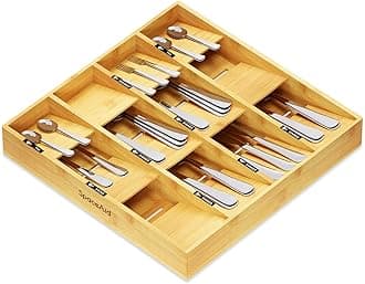 SpaceAid Bamboo Silverware Drawer Organizer with Labels, Kitchen Utensil Tray Holder Organizer for Flatware, Cutlery, Spoon and Knives Drawer Storage Organization (12 Slots)