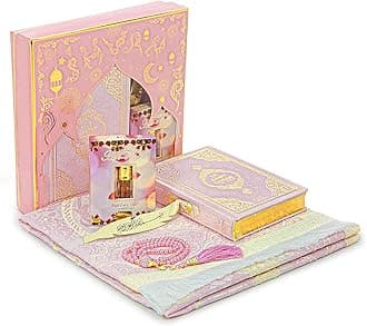 Ihvan Online Hajj & Umrah Gift Set - Pink Islamic Set with Prayer Rug, Holy Quran (French), Beads, Janamaz Mat for Ramadan & Eid