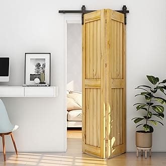 CCJH 36" Bi-Folding Sliding Barn Door Hardware Kit for 2 Doors,Slide Smoothly Quietly,Black Track J Shape Roller,No Door