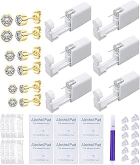 Ear Piercing Kit Disposable Ear Cartilage Piercing Gun Kit with Sterile CZ Studs Easy and Safe Earring Self for Yourself Use at Home(Gold Round CZ Pattern 432mm)
