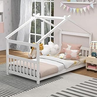 Twin Wood House Bed for Kids, Low Profile Floor Bed Frame with Roof, Headboard & Footboard, Tent Bed for Toddlers, Boys & Girls, Wood Montessori Bed, No Box Spring Needed (White)