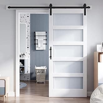 36x84 Inch Glass Sliding Barn Door Slab and 6.6ft Hardware Kit Included, 5 Frosted Glass, LVL Wood Panel Covered with White Water-Proof Scratch-Proof PVC Surface, Simple DIY Assembly