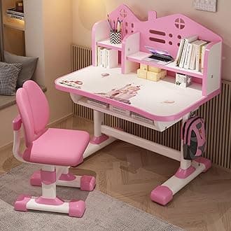 BENBOR Children Adjustable Desk and Chair Set, Study Table for Kids, kids writing desk, Pink Home School Writing Desk with Drawers and Storage Compartments, Reading/Learning/Writing for Girls (Pink)