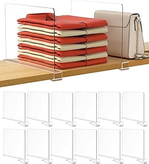 12 Pcs Clear Acrylic Shelf Dividers, Vertical Purse Organizer for Closet Perfect for Sweater, Shirts, Handbags in Bedroom and Kitchen, Closet Separators for Organization Cabinet