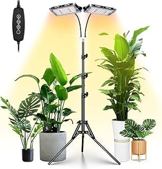 LORDEM Grow Light with Stand, Full Spectrum LED Plant Light for Indoor Plants, 200W Dual Heads Grow Lamp with Auto On/Off Timer, 3 Lighting Modes, 6 Dimmable Levels, Adjustable Tripod 15-63 inches